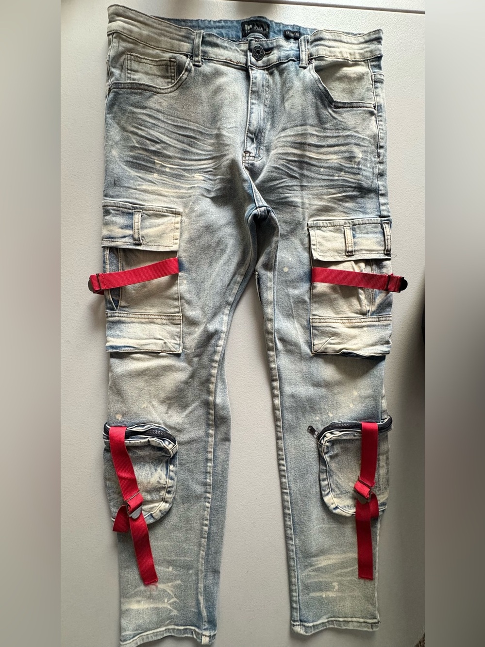 Light Wash Men's Cargo Pants with Red Strap Accents